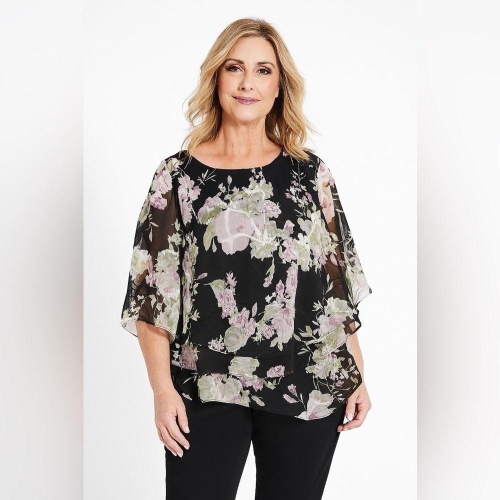 Alex Evening 3/4 sleeve scoop asymmetrical hem floral chiffon blouse Triple Tier